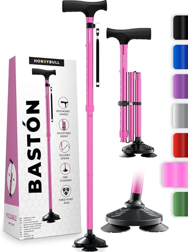 HONEYBULL Bastón para Hombres y Mujeres - Plegable, Ajustable, Abatible, Bastón Portátil, Punta Pivotante, Resistente | Bastones para Personas Mayores y Adultos (Rosa) HONEYBULL Bastón para Hombres y Mujeres - Plegable, Ajustable, Abatible, Bastón Portátil, Punta Pivotante, Resistente | Bastones para Personas Mayores y Adultos (Rosa)