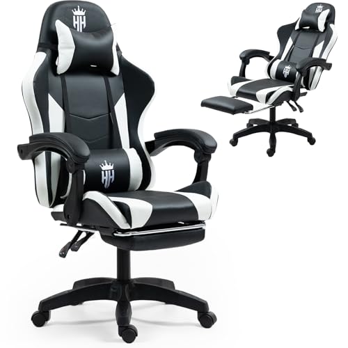 Gaming Chair with Footrest Ergonomic Computer Chair for Adult, Adjustable Headrest, Lumbar Pillow, Large Size Reclining Gaming Chair Big and Tall with Linkage Armrest for Home, Office, Gaming