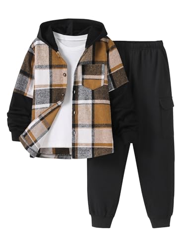 Image of 2Pcs Boys Clothes Sweatsuit Set Hoodie Flannel Plaid Shirt and Jogger Pants for Kids Fall Winter Spring Outfits