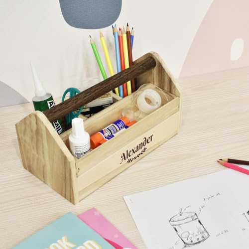 Image of Ikee Design Personalized Custom Engraved Wooden Craft Toolbox Caddy with 5 Compartments | Customize Small Wooden 5-Compartment Craft Tool Box