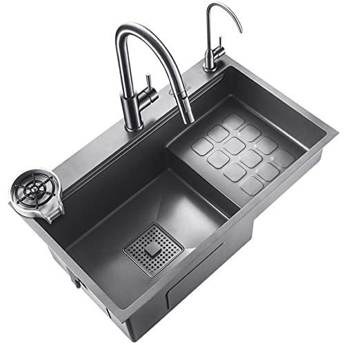 INGVY Fregadero de Cocina de Acero Inoxidable 304, Fregadero Individual para Lavabo de Verduras con Grifo extraíble, Montaje Superior o Inferior, Juego de Grifo de Fregadero (Color : Grey B, Size