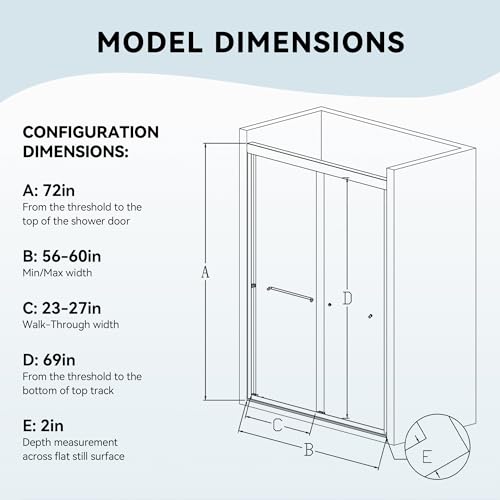 Image of 56-60 inch W x 70 inch H Semi-Frameless Double Sliding Shower Door, Bypass Bathroom Shower Glass Door with 1 /4 inch (6mm) Clear SGCC Tempered Glass & Stainless Steel Handles, Denoise Design, Matte Black
