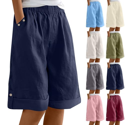 2025 Summer Linen Bermuda Shorts for Women Casual Elastic High Waisted Wide Leg Beach Loose Comfy Shorts with Pockets