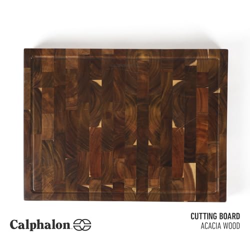 Image of Calphalon Edge Guard Cutting Board, 20 x 15-Inch End-Grain Acacia Wood Cutting Board, Extra-Large Wooden Chopping Block for Heavy-Duty Kitchen Use
