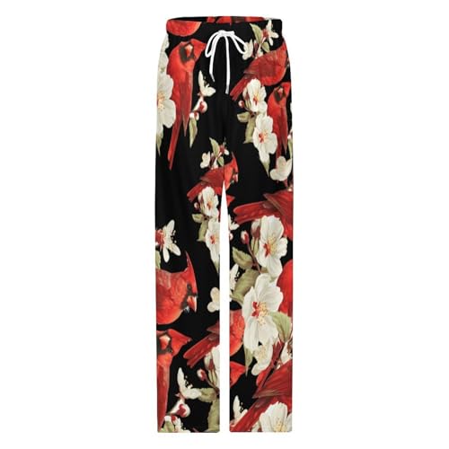 Red Cardinal Bird Flower Mens Pajama Pants Print Lounge Pant PJ Bottoms Sleepwear Loungewear4