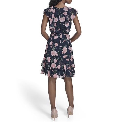 Image of Tommy Hilfiger Women's Sleeveless V-Neck Ruffle Trim Tie Waist Chiffon Mini Dress