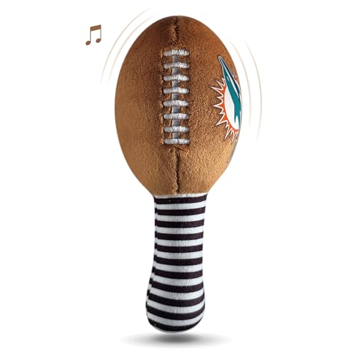 Image of Miami Dolphins Plush Football Rattle by Smilo - Officially Licensed NFL Baby Rattle Toy - Soft Baby Rattle with Bell - for Babies and Toddlers from 3 Months
