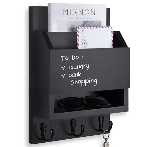 Lucundm Key and Mail Holder for Wall, Key Holder with Chalkboard and Long Storage Box, Key Hanger with 3 Sturdy Hooks for Coat, Dog Leash, Entryway Mail Organizer (Black)