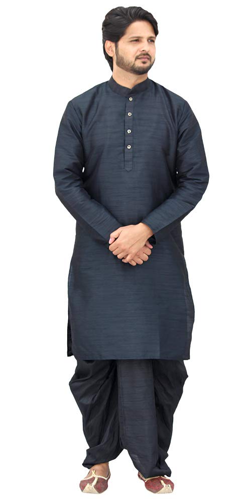 om shubh mangalam Men’s Silk Kurta Dhoti Set | Traditional Ethnic Wear for Wedding Festival Party | Regular Fit Long Kurta with Matching Dhoti | Black | Size 44-picture-14