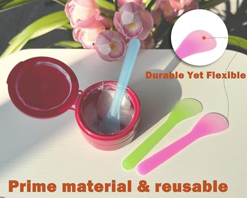 QsQueen 100 PCS Cosmetic Spatulas, 7 Colors – Reusable Hygienic Makeup Scoop for Face Masks, Creams & Skincare, Flexible PP Tool for Mixing, Sampling, DIY, Salon & Travel 4.88'' x 1.06"