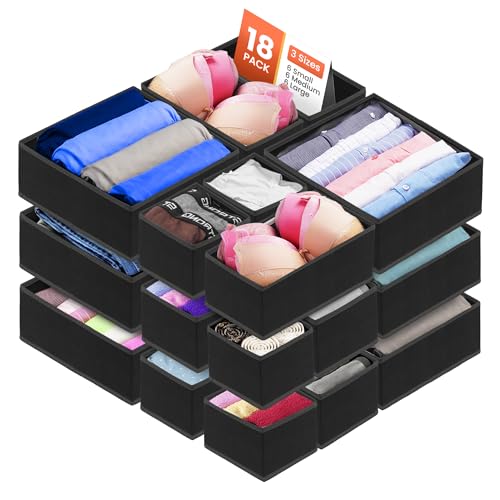 Image of RFAQK 18 Pack Drawer Organizer Clothes-3 Sizes (L, M, S) Baby Dresser Organizer for Storage Closet-Foldable Fabric Baby Clothes Organizer for Bedroom, Bins, Bra, Socks, Belt, Tie-Black