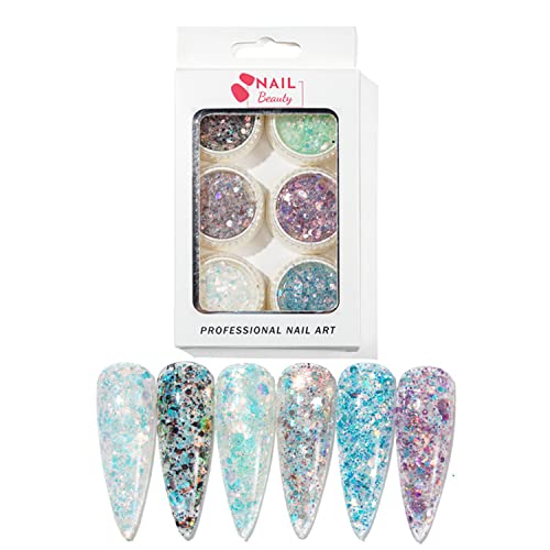 GZMAYUEN Paillette Ongles Nail Art Bleu Grosse Paillette Brillante Pour Ongles 6 Couleur Holographique Flakes Nail Art Décoration Ongles Cover