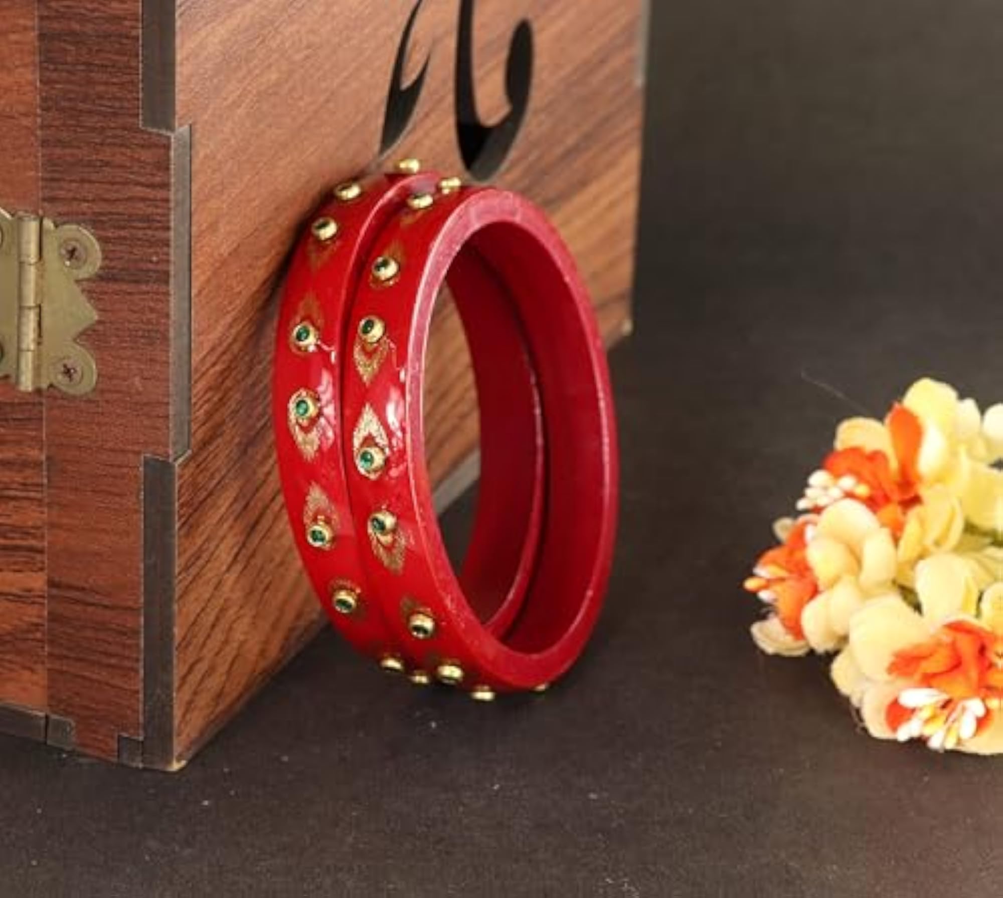 Lac Kada Set with Zircon Gemstone & Printed Morpankhi, Elegant Bangles