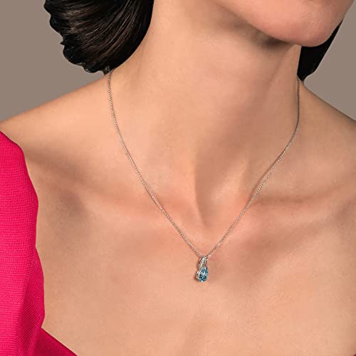 Jewelili Sterling Silver 9X6 Mm And 6X4 Mm Pear Swiss Blue Topaz With Natural White Round Diamond Accent Drop Shape Pendant Necklace, 18" Rolo Chain And Stud Earrings Jewelry Set #TOP4