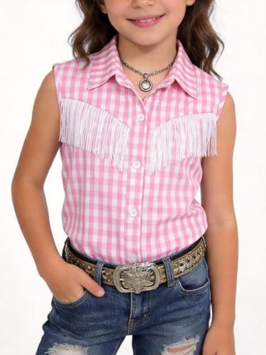 Image of Girls Fringe Shirt Sleeveless Button Down Western Cowgirl Tassel Trim Casual Blouse Shirt Top 4-13Y