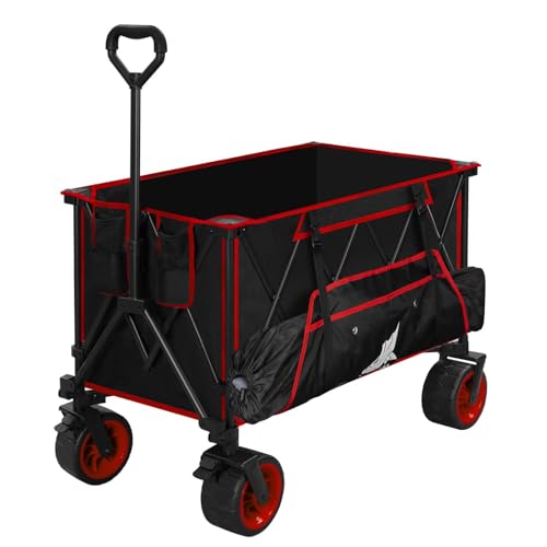 WOLTU Carro Plegable de Jardín, Carro de Transporte, Carrito Playa con Ruedas Grandes y Bolsillo, Carro para Playa Camping Compras y Fiestas, Metal y Tela Oxford, Negro+Rojo