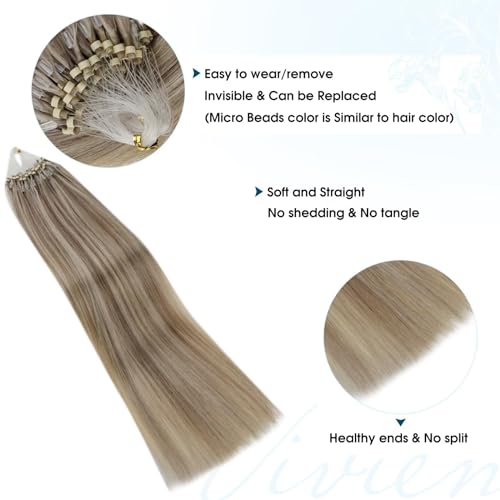 Vivien Extensions Micro Loop Real Human Hair 18 Inch Brown Highlight Hatural Hair Extensions Micro Beads Light Brown mix Platinum Blonde Invisible 50g 50s #8P60 - Image 3
