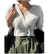 WDIRARA Women's Wrap V Neck Sweater Button Front Long Sleeve Crop Knitted Top