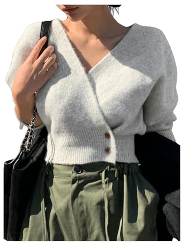 WDIRARA Women's Wrap V Neck Sweater Button Front Long Sleeve Crop Knitted Top Grey Large