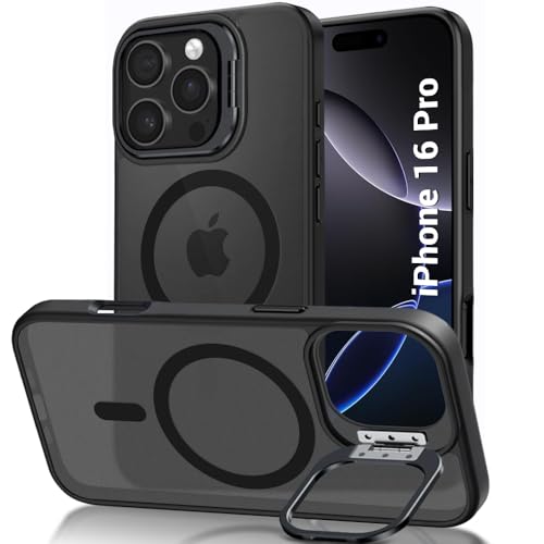 Image of TheGiftKart Hybrid Matte Frosted Back Cover Case for iPhone 16 Pro Compatible with MagSafe | Built-in Stand | Shockproof Hard Back Cover Case for iPhone 16 Pro (PC & TPU, Translucent Black)