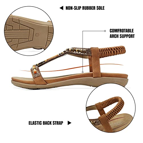 Shibever Womens Flat Sandals Beaded Bohemian Elastic Back Strap Slip On Beach Sandals Casual Summer Brown 8 #TOP3