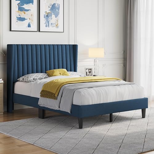 Image of Yaheetech Full Bed Frame with Headboard, Navy Blue Channel-Tufted Platform