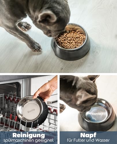 lionto Futternapf aus Melamin mit Anti-Rutsch Boden, herausnehmbarer 420 ml Napf aus robustem & geruchsneutralem Edelstahl, leicht zu reinigen, ergonomisches Design, für Hunde & Katzen, schwarz