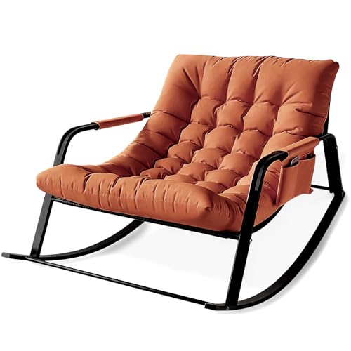 كراسي هزازة للفناء جيدة التهوية، اريكة استرخاء مع وسادة ناعمة، اريكة كسول مبطنة، كراسي استرخاء عصرية للشرفة وغرفة المعيشة مع جيوب جانبية ومساند للذراعين (برتقالي)