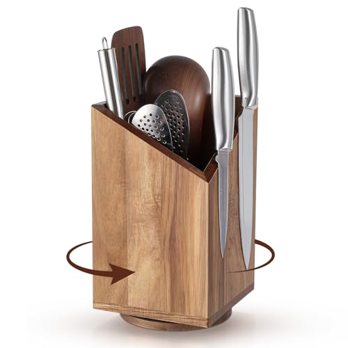 Magnetic Knife Block Without Knife Wood Utensil Holder 360° Rotatable Magnetic Knives Holder Organizer 9.65 x 5.5 Inches Universal Magnet Organizer Large Acacia Wood Kitchen Farmhouse Countertop Cook