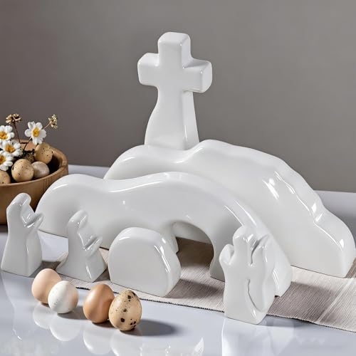 Image of NEROSUN Empty Tomb Easter Scene and Cross Decoration, Ceramic Resurrection Scene Cross Jesus Tomb Decor, Christmas Decoration Jesus Nativity Scene for Religious Home Office Tabletop Christian Gifts