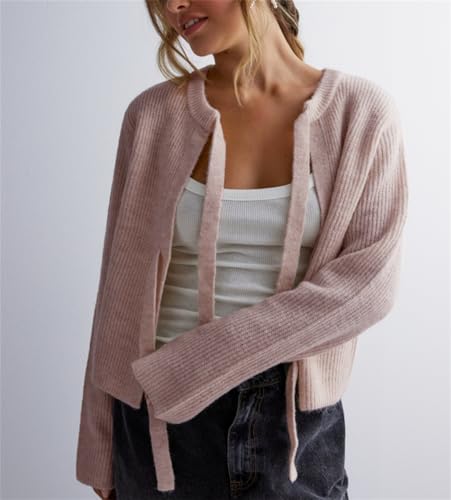 Y2k Girls Tie Front Knitwear Cardigan Top Women Long Sleeve Open Front Knitted Crop Cardigan Sweater Streetwear2