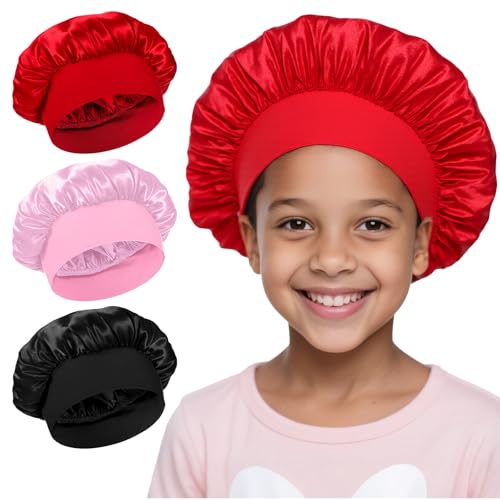 3 PCS Kids Bonnets for Girls, Silk Bonnet for Sleeping Kids, Soft Wide Band Sleep Cap Toddler Bonnet Shower Caps for Boys Girls