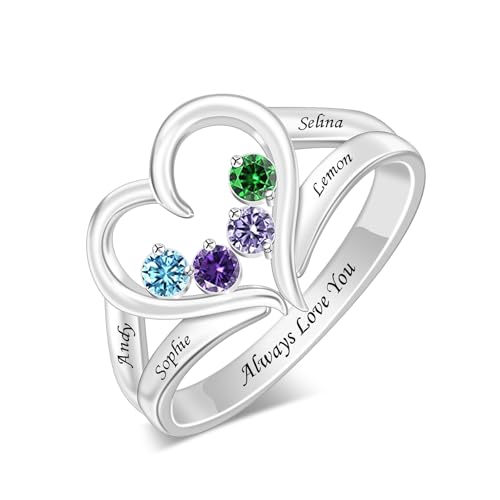 LucySkyCustom Birthstone Rings with 1-8 Birthstones Engraved Name Ring Heart for Wedding Valentine's Day Mother's Day Birthday Anniversary