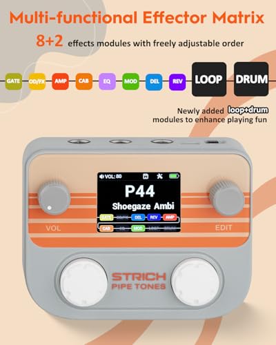Image of STRICH Pipe Tones Pocket Multi-Effects Processor for Guitar and Bass with 10 Effect Modules 125 Effects 40s Looper 100 Drum Patterns USB Audio Interface Wireless Control (Gray)