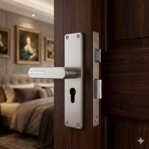 Image of Mortise Main Door Lock Handle Set |Satin Matt Finish | 8 inch Zinc lockset 1001 CY, | 6-Lever 65 mm Brass Cylindrical Lock | Suitable for Left & Right Handed Living Room Doors, Bedroom Door