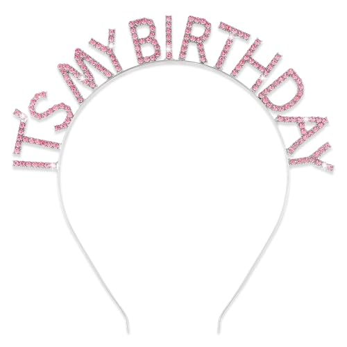 EXIPSAT It's My Birthday Haarreif Pink, Krone Stirnband Bling Strass Haaraccessoire, Prinzessin Tiara Geburtstag Kopfschmuck für Frauen Mädchen Party Dekoration