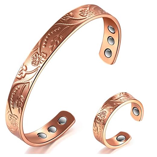 Copper Magnetic Bracelet for Women Cooper Ring 2 Pieces Adjustable Magnetic Bracelet Ring Sets Ladies Copper Bracelet Vintage Pain Management Bracelet for Men Carpal Wrist Pain Relief, Red Copper