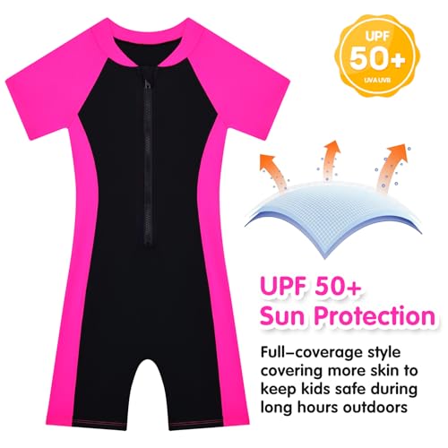 Image of Girls One Piece Swimsuit UPF 50+ Rash Guard with Front Zipper for Ages 3-14