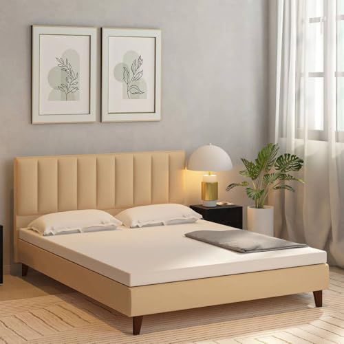 Image of Wooden Modern Upholstered King Size Bed for Bedroom | Wooden Double Bed Without Storage | Platform Cot Upholstered Bed with Upholstery Fabric | Engineered Wood | 6.5 x 6 Ft | Beige