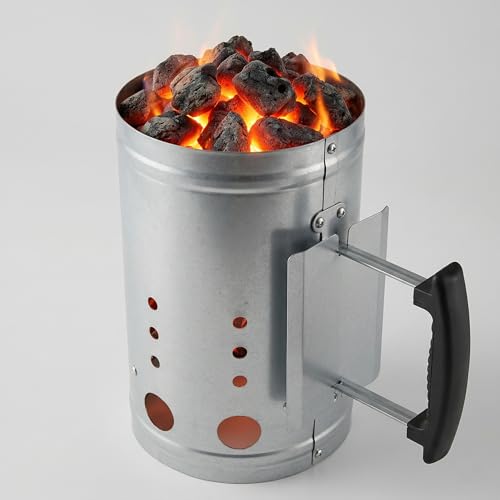 Crystals 6L Chimney Starter for Charcoal BBQ Accessory Lights Charcoal Briquettes Quickly Without Lighter Fluid Aluminised Steel 30 x 28 x 18 cm