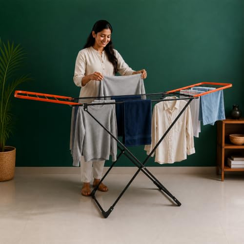 BonKaso Foldable Cloth Drying Stand, Black & Orange | 3-Way Folding with 17 Drying Rails, Lightweight Alloy Steel,Flat Folding Design for Indoor & Out