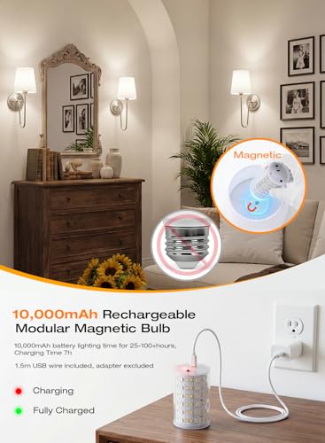 Image of CLOUDY BAY 10000mAh Battery Operated Wall Sconces,Up to 100 Hours with Rechargeable RGB Dimmable Magnetic Bulb,Cordless Wall Lighting Fixtures with Remote for Bedroom,Brushed Nickel,2 Pack-15.4in