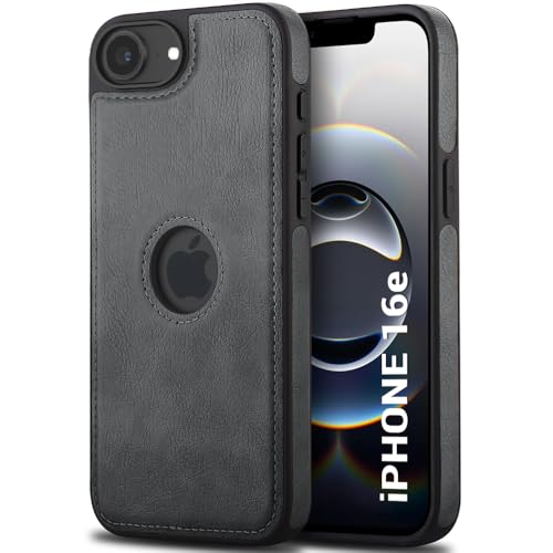 Image of TheGiftKart Genuine Leather Finish Back Cover Case for iPhone 16e | Shockproof Design | Raised Edges for Camera & Screen Protection | Stunning Minimalist Design Case Cover (Black Sides, Grey)