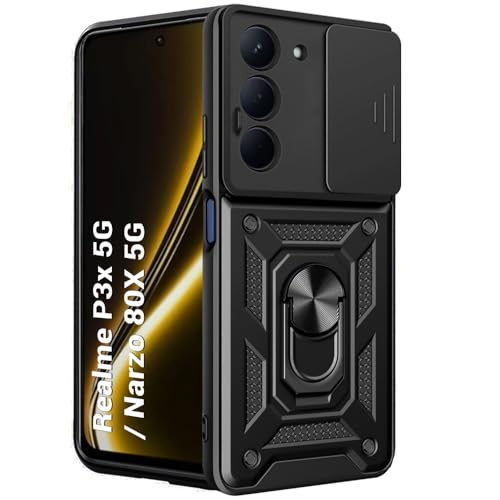 Image of TheGiftKart Tough Armor Bumper Back Cover Case for Realme P3x / Narzo 80x / Realme 14x 5G / Narzo 80 Lite 5G | Sliding Camera Cover, Kickstand & Ring Holder | 360 Protection Cover (PC & TPU, Black)