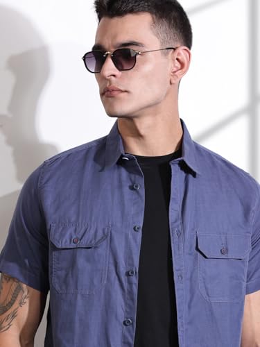 Image of Thomas Scott Men's | Solid | Half Sleeve | Slim Fit | Linen Blend | Double Flap Pocket | Spread Collar | Casual Shirt for Men