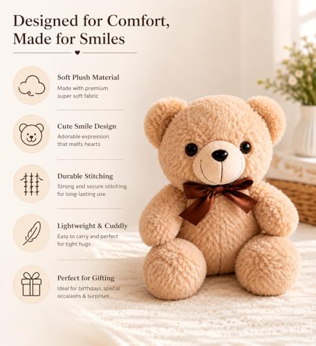 Image of Soft Teddy Bear 28 cm Brown Plush Toy for Kids | Cute Stuffed Teddy Bear | Soft Cuddly Toy