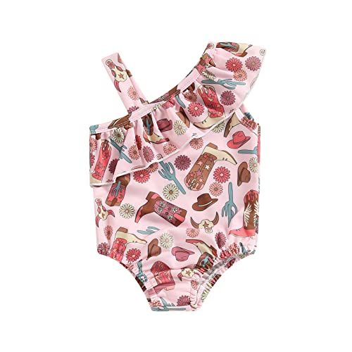 Image of Western Toddler Baby Girl Swimsuit Cow Print Swimwear Ruffle One Piece Bathing Suit Cute Cowgirl Set