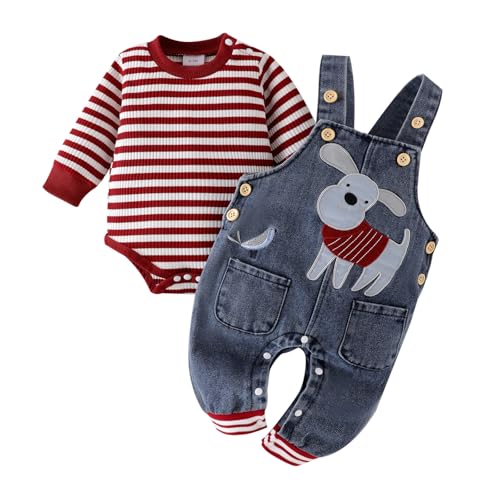 Image of Baby Boy Clothes Fall Winter Outfits Long Sleeve Striped Romper Cute Cartoon Jeans Overalls Pants Set 0-18 Months
