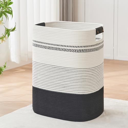 Image of AINUOQI Laundry Basket with Handles - Blanket Basket & Hampers for Bedroom Aesthetic, Laundry Hamper & Blanket Storage for Living Room, Clothes Hamper, Tall, Large 17" x 14" x 22”, Black & White