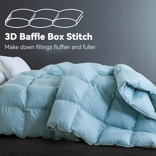 SNOWMAN Premium Down Comforter Queen Size, Luxurious All Season Duvet Insert with Cotton Blended Fabric, 37oz Fill Weight 3D Baffle Box Design Hotel Bedding Comforter (Blue,90"x90")